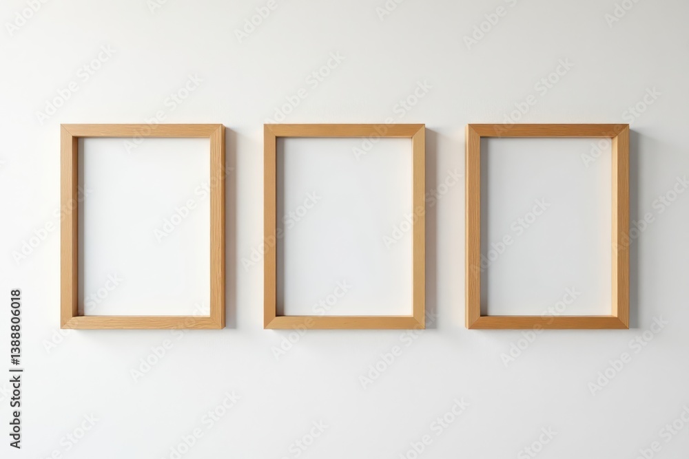 Three empty light brown wooden picture frames hang on a textured white wall , blank frames, picture Three empty light brown wooden picture frames hang on a textured white wall , blank frames, picture