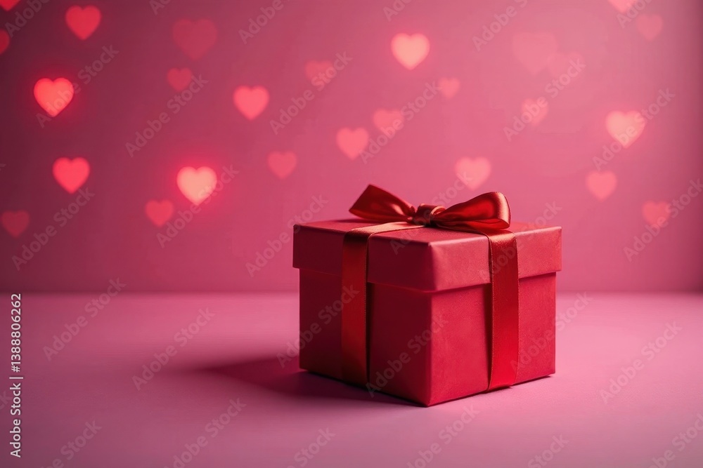 Red present box sits on pink, heart-shaped bokeh , romance, texture, pink Red present box sits on pink, heart-shaped bokeh , romance, texture, pink