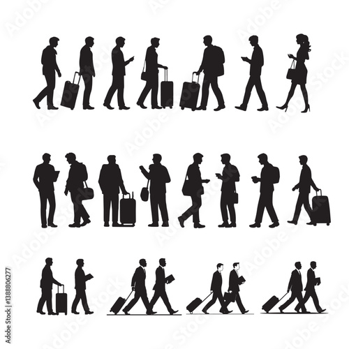 Set Black Silhouette Business Travelers with Luggage on White Background. Woman And Man Traveling Silhouette Vectors. business travel silhouette set white background