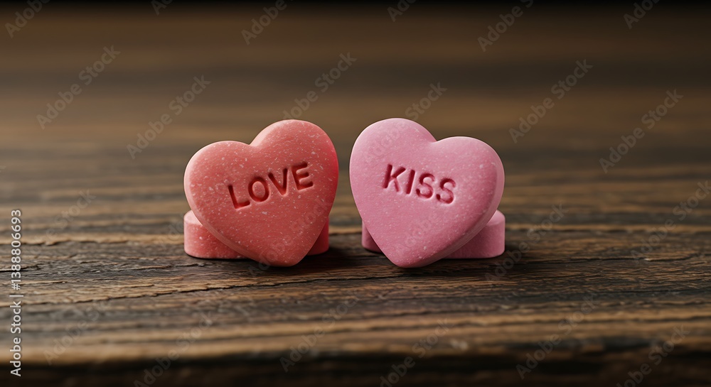 Fototapeta premium Sweet Nothings: Love & Kiss Candy Hearts on Wood AI Generated