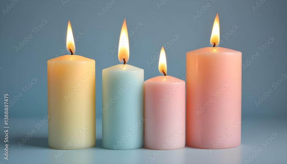 Three cylindrical candles of different colors, each with a lit flame, are arranged on a surface against a light blue background Three cylindrical candles of different colors, each with a lit flame, are arranged on a surface against a light blue background