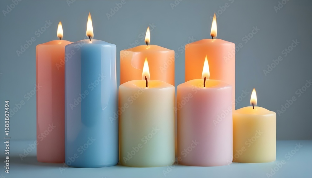 Three cylindrical candles of different colors, each with a lit flame, are arranged on a surface against a light blue background Three cylindrical candles of different colors, each with a lit flame, are arranged on a surface against a light blue background