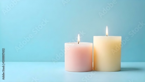 Wallpaper Mural Three cylindrical candles of different colors, each with a lit flame, are arranged on a surface against a light blue background Torontodigital.ca