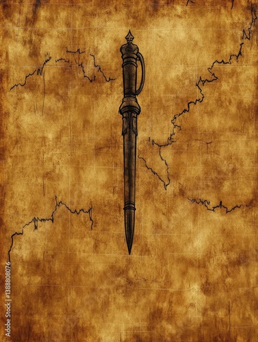 Dagger Resting on an Antique Parchment with Map Lines Background