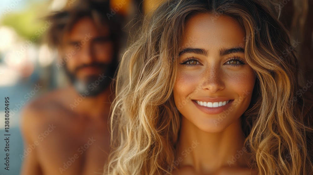 Smiling woman portrait, blurred man Smiling woman portrait, blurred man
