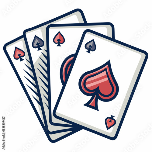 Design bold, vector illustrations of casino playing cards featuring strong outlines and vibrant colors.  Include Ace, King, Queen, Jack of all four suits.