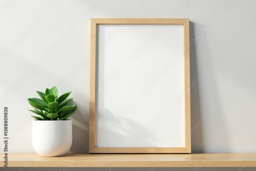 Simple wooden frame, potted succulent on shelf, cactus, natural Simple wooden frame, potted succulent on shelf, cactus, natural