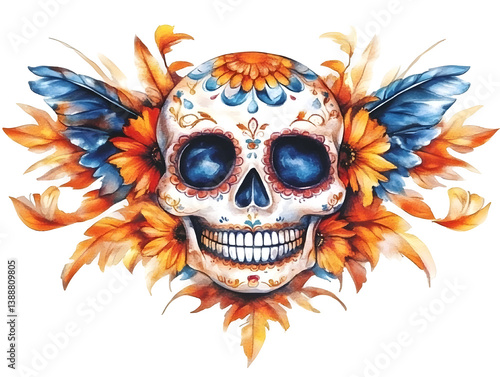Watercolor Floral Skull Illustration With Colorful Flowers Isolated On Transparent Background