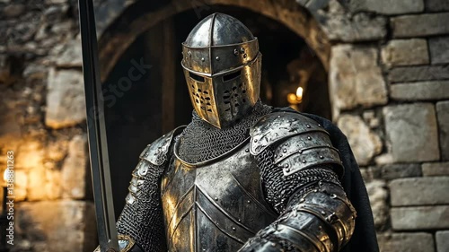 A dramatic scene of a medieval knight in full armor holding a sword with determination, set against a dimly lit, rustic background with glowing embers evoking intensity and historical atmosphere.