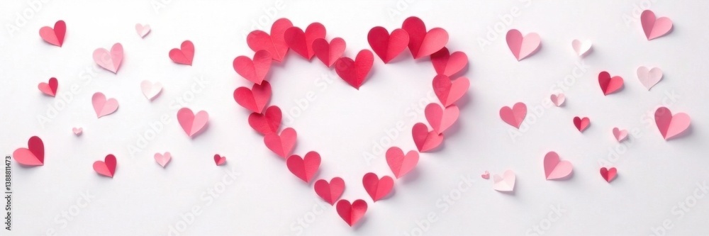 Numerous small paper hearts forming a heart shape on white background , symbol, shape Numerous small paper hearts forming a heart shape on white background , symbol, shape