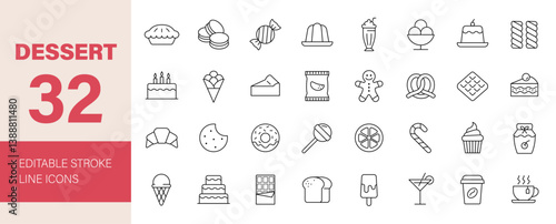 Dessert icon set. Containing bakery, pie, cake, cookie, ice cream, chocolate, jam, cheesecake, birthday, candy, lollipop, coffee and more. Editable line icons. Vector illustration.