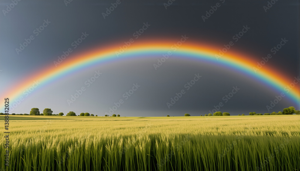 Obraz premium A vibrant rainbow stretches across a golden field of wheat, contrasting with a dramatic, dark sky. Sunlight illuminates the field, creating a beautiful natural scene after the rain.