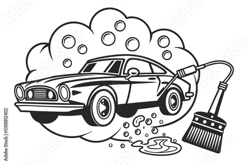 Vintage auto vector illustration of a car at a car wash