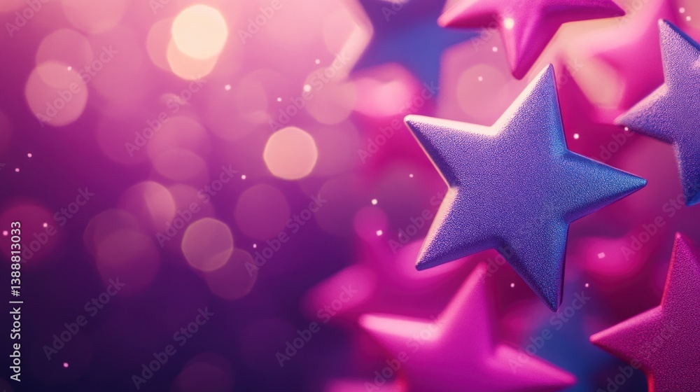 Purple and pink decorative stars floating against a blurred background Purple and pink decorative stars floating against a blurred background