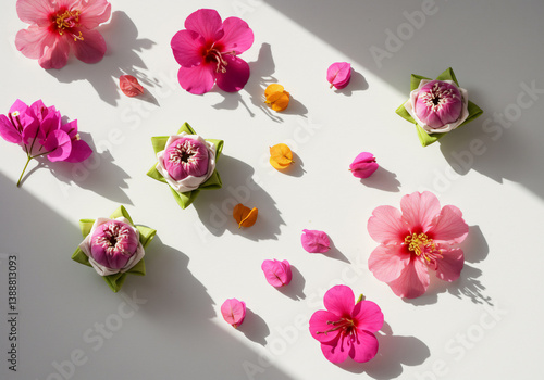 Pink and Magenta Flowers on White Background Hibiscus, Lotus, Petals, and Bougainvillea Floral Arrangement.