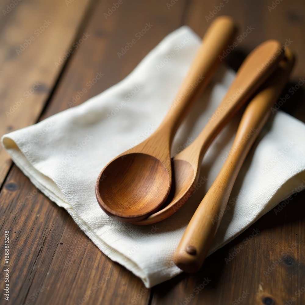 Wooden spoons, spatula, whisk on linen napkin, rustic wood , elegance, still life, kitchen utensils Wooden spoons, spatula, whisk on linen napkin, rustic wood , elegance, still life, kitchen utensils