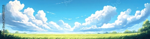 An animated depiction of a blue sky and rolling green fields