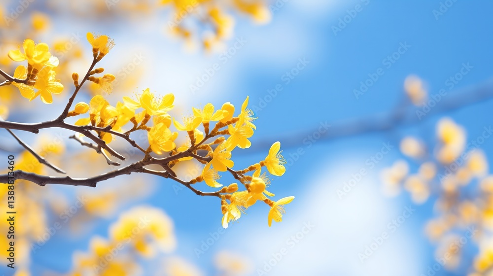 Delicate yellow blossoms against soft blue sky, capturing the essence of spring's gentle beauty Delicate yellow blossoms against soft blue sky, capturing the essence of spring's gentle beauty