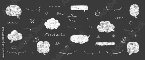 Set of hand drawn grunge crayon, charcoal, chalk speech bubbles and highlights. Text frames with emphasis. Japan handwritten illustration on a black background.