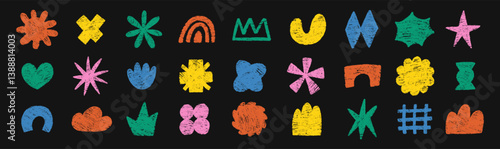 Set of hand drawn funky shapes of heart, flower, star, cloud with crayon or chalk texture. Multicolor Doodle design elements for school. Childish vector illustration on a black background.