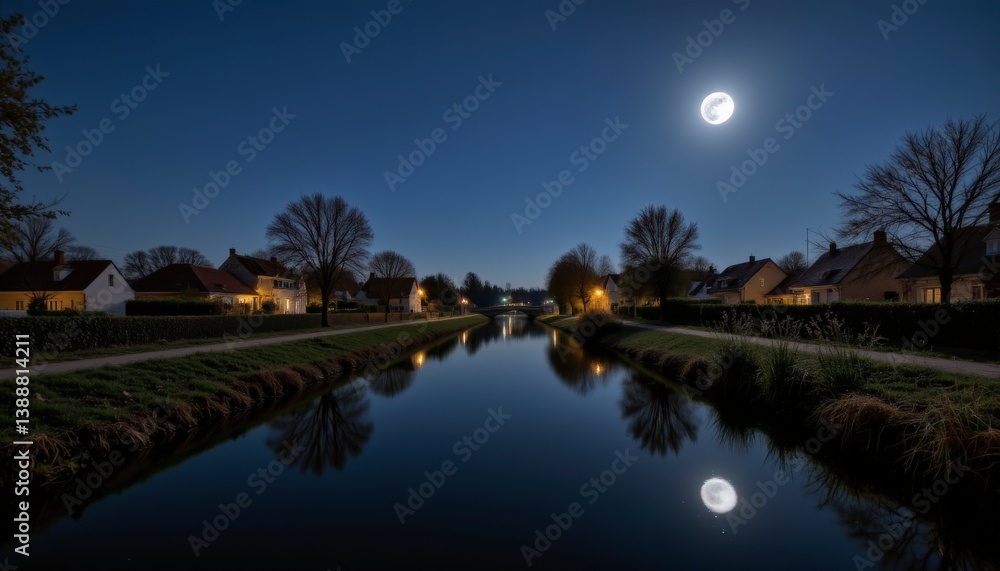 Fototapeta premium Canal Scene Under a Full Moon