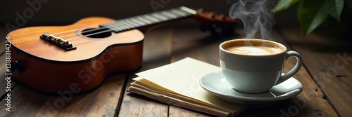 Steaming coffee beside ukulele & open notebook on aged wood , drink, cozy, string