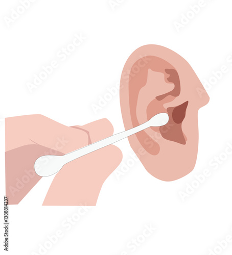the ear canal being cleaned with a cotton swab. Removing earwax and wrong way of using cotton swab.