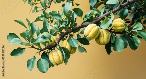 Quince tree branch on plain yellow background with leaves and fruits nature food agri concept wide angle cinematic