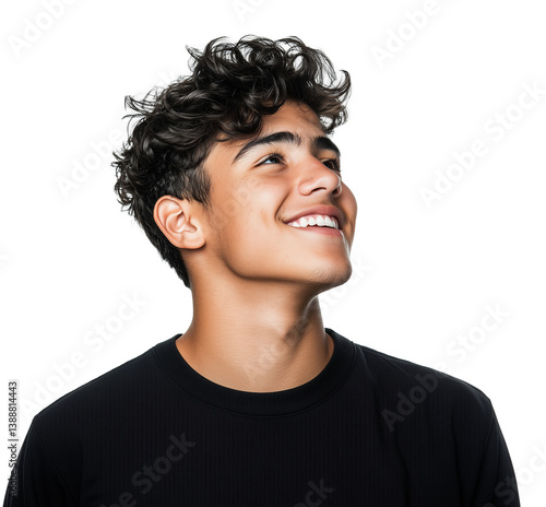 Young handsome latin american teenager or hispanic male student looking to the side and smiling optimistically, head tilted, isolated on a transparent background, cut out