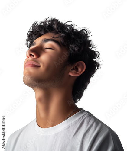 Young hispanic teen or latin american student with eyes closed, looking up, calm and contented, relishing the moment, head tilted, side view isolated against a transparent background, cut out