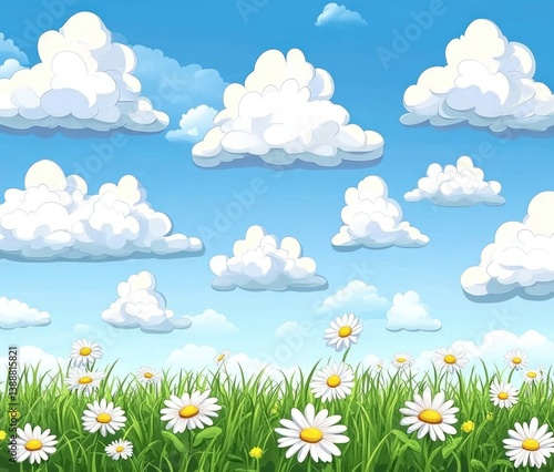 A cartoon illustration depicting clouds flowers and grassy meadows