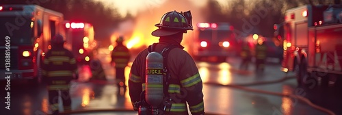 Firefighter at Night Emergency Scene Blaze Firetruck Rescue