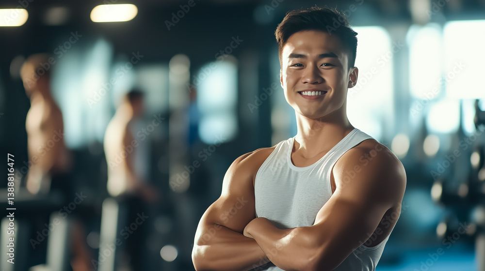 A handsome, muscular man stands confidently in a sport gym. The concept of fitness, strength, confidence, and dedication to a healthy lifestyle. Generative AI. A handsome, muscular man stands confidently in a sport gym. The concept of fitness, strength, confidence, and dedication to a healthy lifestyle. Generative AI.