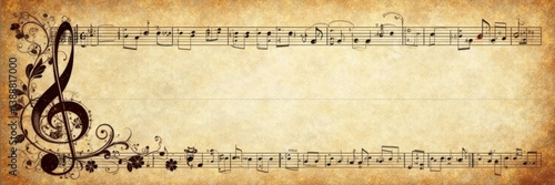 Vintage music notebook page banner, musical notes & clef design, music, lyrics, illustration