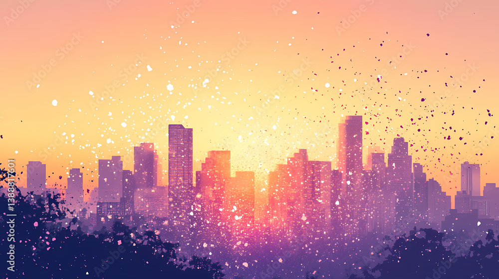 Fototapeta premium A city skyline dissolving into particles at sunrise, depicting change, destruction, or transformation. Dissolving Horizon. Illustration