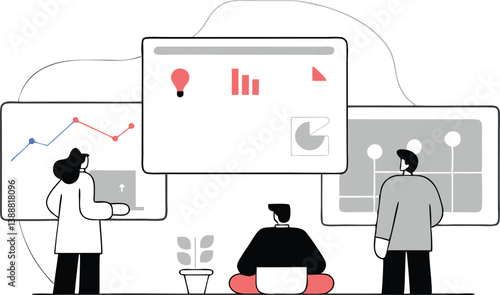 Business illustration concept. Research analysis, insight information, marketing chart diagram, optimization or analyzing data, intelligence discovery, statistics or examine concept, business people.