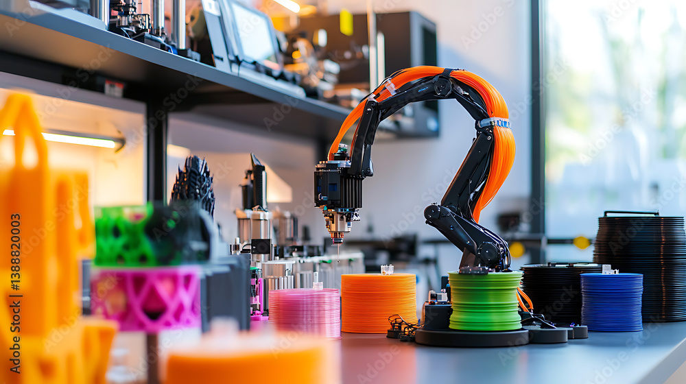 A mechanical arm in an advanced 3D printing facility, surrounded by 3D printers, printed models