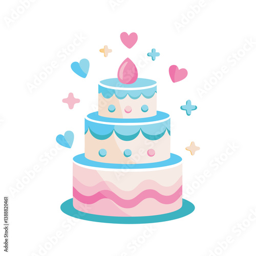 Beautiful gender reveal cake with pink and blue icing and cute decorative elements vector illustration
