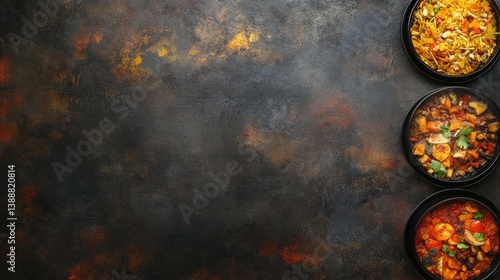 Wallpaper Mural Three bowls of assorted Indian dishes on a dark textured surface Torontodigital.ca