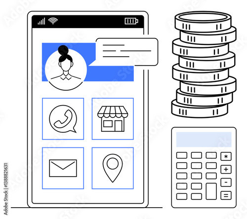 Mobile app screen with user avatar, chat bubble, call, shop, email, and map icons next to coins and calculator. Ideal for finance, communication, ecommerce budgeting technology apps and service