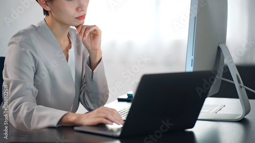 暗いオフィスでパソコンを見ながら考える女性ビジネスパーソン