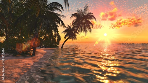 Amazing vivid sunset over calm sea with palm trees on sandy beach.