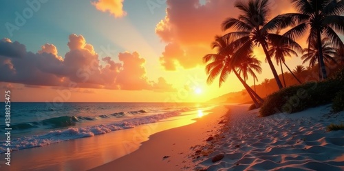 Sun dips below horizon, casting long shadows from palm trees on South Beach , palm trees, twilight
