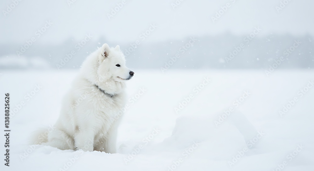 Samoyed Dog Sitting in Snow During Snowfall Looking Away Thoughtfully Samoyed Dog Sitting in Snow During Snowfall Looking Away Thoughtfully