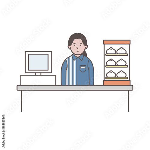レジに立つ女性コンビニ店員のイラスト