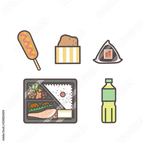 コンビニ・スーパーの商品 お弁当、おにぎり、飲み物、チキン、フランクフルト