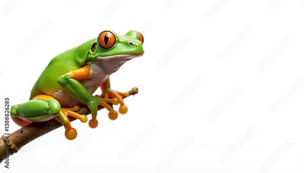Obraz premium Green tree frog perched on white, vibrant colors, amphibian, ranidae