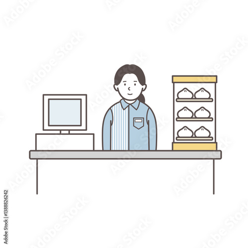 レジに立つ女性コンビニ店員のイラスト