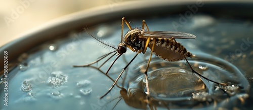 A close-up of a mosquito perched on water, showcasing its intricate details and the surrounding bubbles.