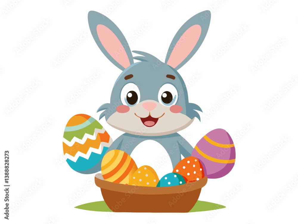 Vector illustration of a cute Easter bunny holding a basket full of colorful decorated eggs, smiling happily, isolated on white background. For Easter Day
Vector illustration of a cute Easter bunny holding a basket full of colorful decorated eggs, smiling happily, isolated on white background. For Easter Day